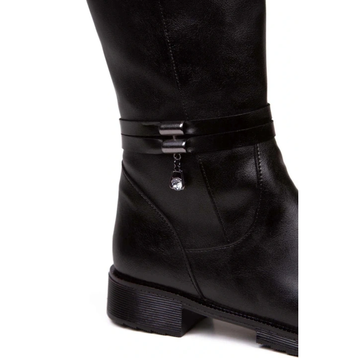 Kadın Siyah Uzun Çizme Şık Pırlanta Taş Detaylı Çizme