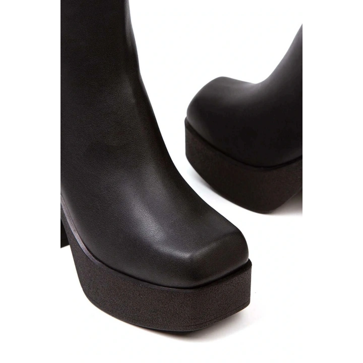 Kadın Siyah Suni Deri Cilt Küt Burunlu Yüksek Topuklu Sade Şık ve Rahat Bot