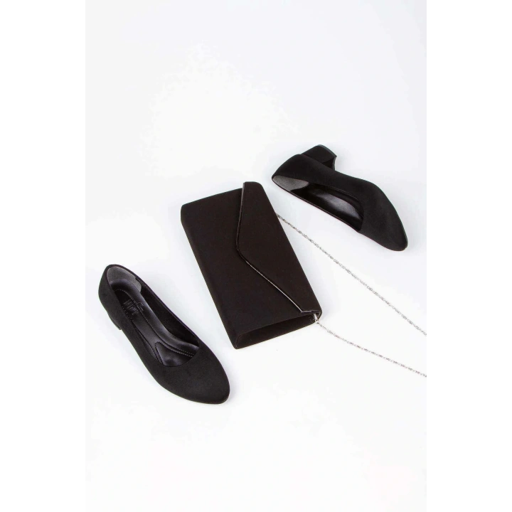 Kadın Siyah Süet Kısa Kalın Topuklu Şık Stiletto Ve Çanta Kombini