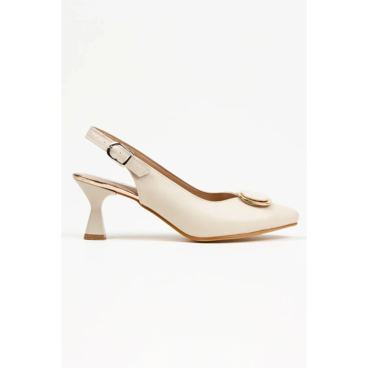 Kadın Bej-ten Suni Deri Cilt Arkası Açık 6 Cm Ince Topuklu Şık Toka Detaylı Ve Rahat Stiletto