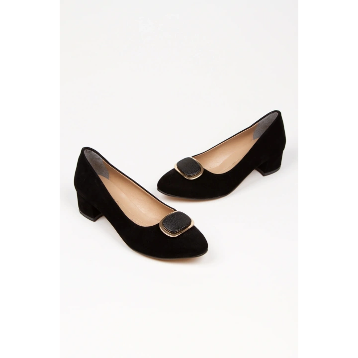 Kadın Siyah Süet 3 Cm Kısa Kalın Topuklu Şık Toka Detaylı Rahat Stiletto Ve Çanta Kombini