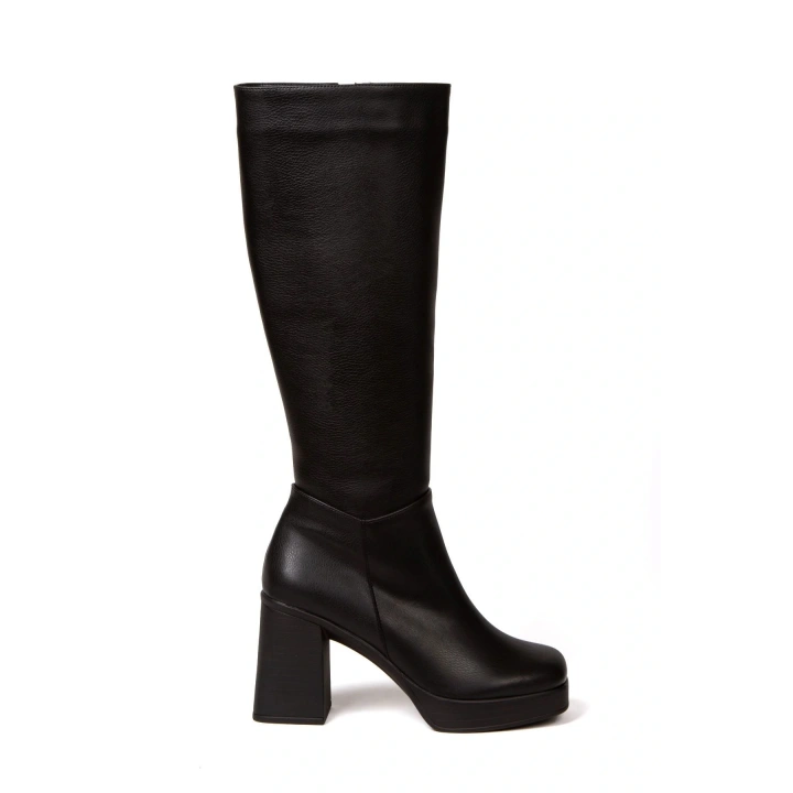 Kadın Siyah Suni Deri Cilt Yeni Tarz Küt Burunlu Hafif ve Yüksek Topuklu Düz Şık Rahat Çizme