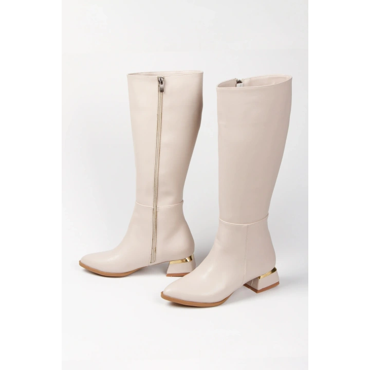 Kadın Bej-Ten Suni Deri Cilt Sade Dekolte Galvaniz Kalın Topuklu Şık ve Rahat Çizme