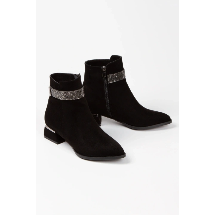 Kadın Siyah Süet Şık Parlak Taş Bant Detaylı Galvaniz Kalın Topuklu Rahat Bot
