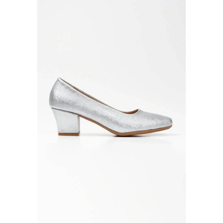 Kadın Gümüş Suni Deri 5 Cm Kısa Kalın Topuklu Rahat Stiletto