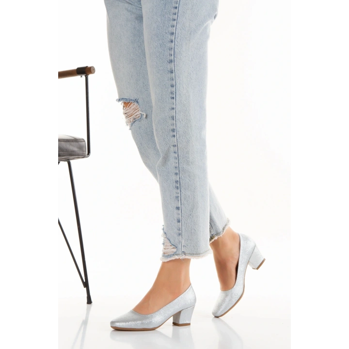 Kadın Gümüş Suni Deri 5 Cm Kısa Kalın Topuklu Rahat Stiletto