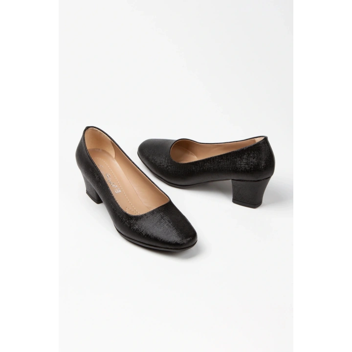 Kadın Siyah Suni Deri 5 cm Kısa Kalın Topuklu Rahat Stiletto