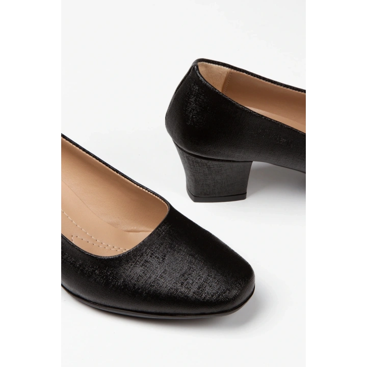 Kadın Siyah Suni Deri 5 cm Kısa Kalın Topuklu Rahat Stiletto
