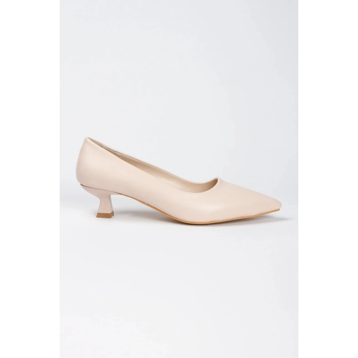 Kadın Bej  Kısa Kadeh Topuklu   Rahat  Şık Stiletto ve Çanta Kombini