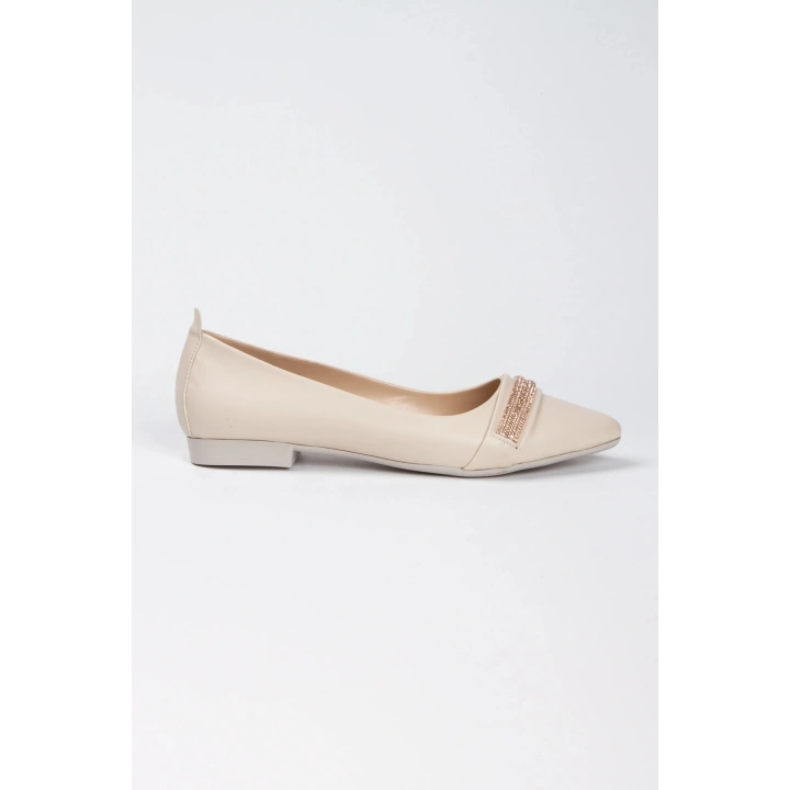 Kadın Bej-Ten Suni Deri Cilt Şık Taş Detaylı Rahat Babet