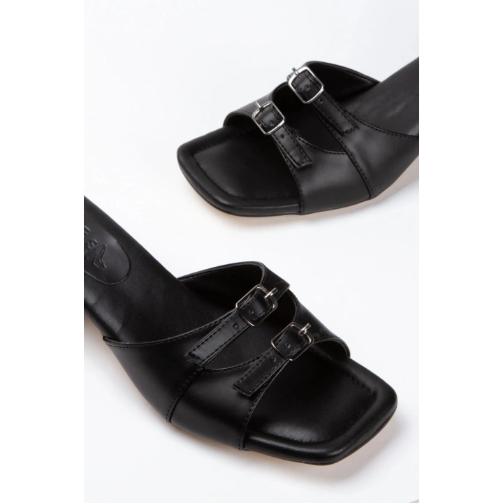 Kadın Siyah Suni Deri Cilt   Şık Çift Toka Detaylı Kalın Topuklu Yumuşak  Rahat Terlik