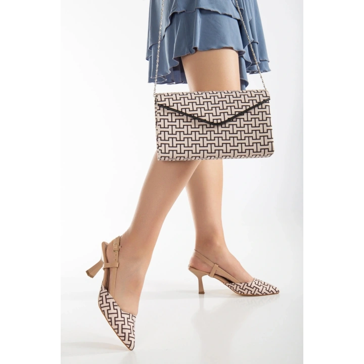 Kadın Nude Kumaş Yeni Ikonik Tarz Topuklu Sivri Burunlu Rahat Şık Stiletto Ve Çanta Kombini