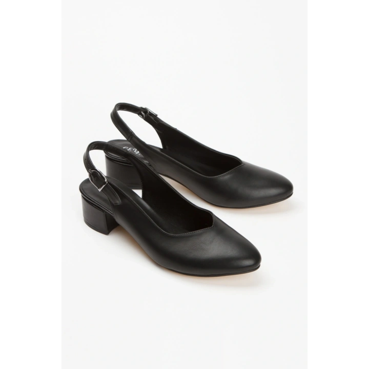 Kadın Siyah  Suni Deri Cİlt Arkası Açık Kısa Kalın Topuklu Şık ve Rahat Stiletto