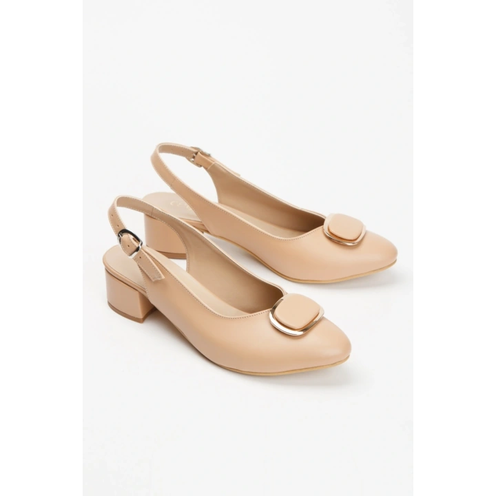 Kadın Nude   Arkası Açık Kısa Kalın Topuklu Şık Toka Detaylı  ve Rahat Stiletto