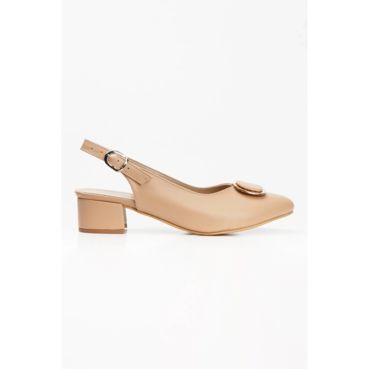 Kadın Nude   Arkası Açık Kısa Kalın Topuklu Şık Toka Detaylı  ve Rahat Stiletto