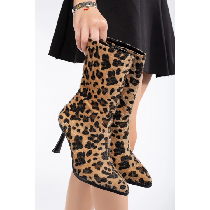 Kadın  Leopar   Şık İnce Topuklu Rahat Bot ve Çanta Kombini
