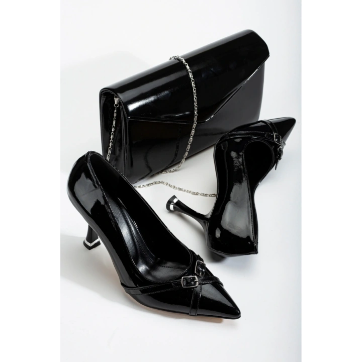 Kadın Siyah Şık Tarz Topuklu Çift Toka Detaylı Rahat Stiletto ve Küçük Çanta Kombini