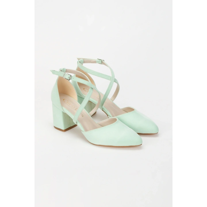 Kadın Su Yeşili Süet Arkası Kapalı Kalın Topuklu  Çapraz Biyeli  Karnıyarık Ayakkabı