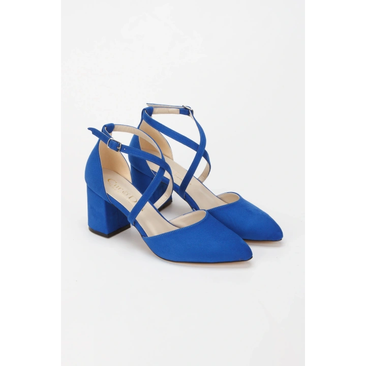 Kadın Saks Mavi Süet Arkası Kapalı Kalın Topuklu  Çapraz Biyeli  Karnıyarık Ayakkabı