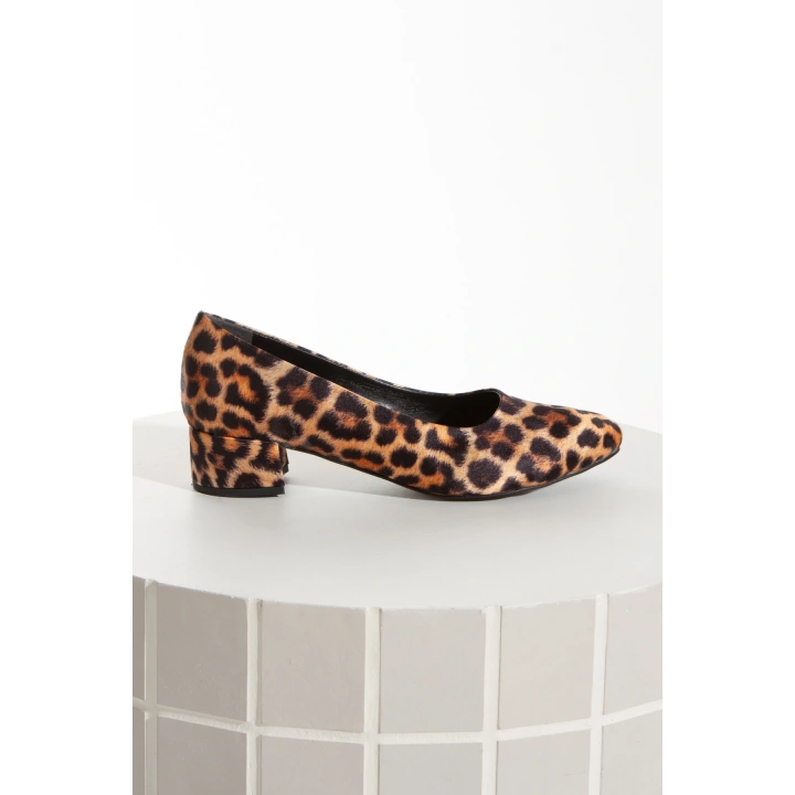 Kadın Leopar  Stiletto Kısa Kalın Topuklu Şık Stiletto