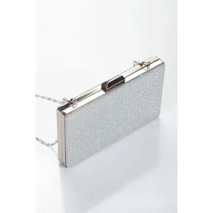 Kadın Gümüş Abiye Parlak Damla Taşlı Baklava Desenli Şık Ayakkabı ve Çanta Kombini