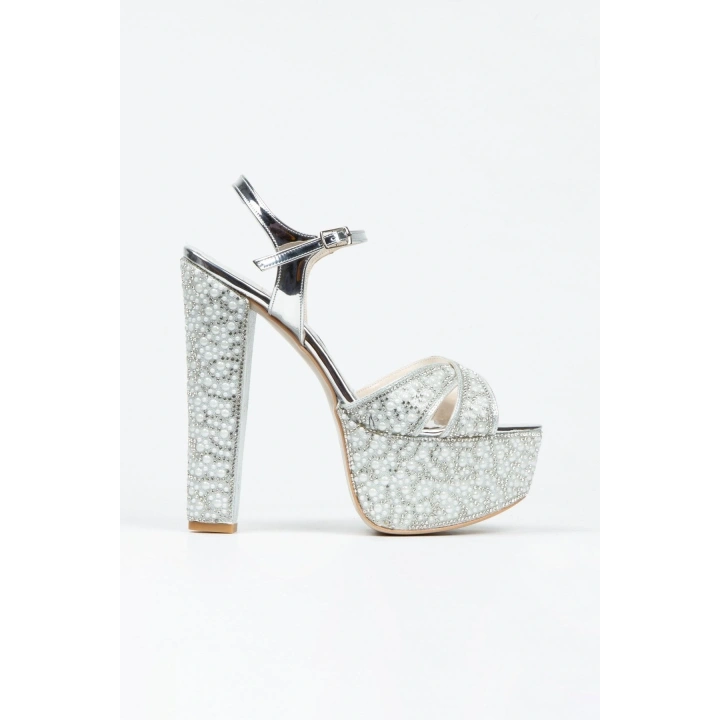 Kadın Gümüş İnci Taşlı Yüksek Platform Arkası Açık Kalın Topuklu Rahat ve Şık Abiye Ayakkabı
