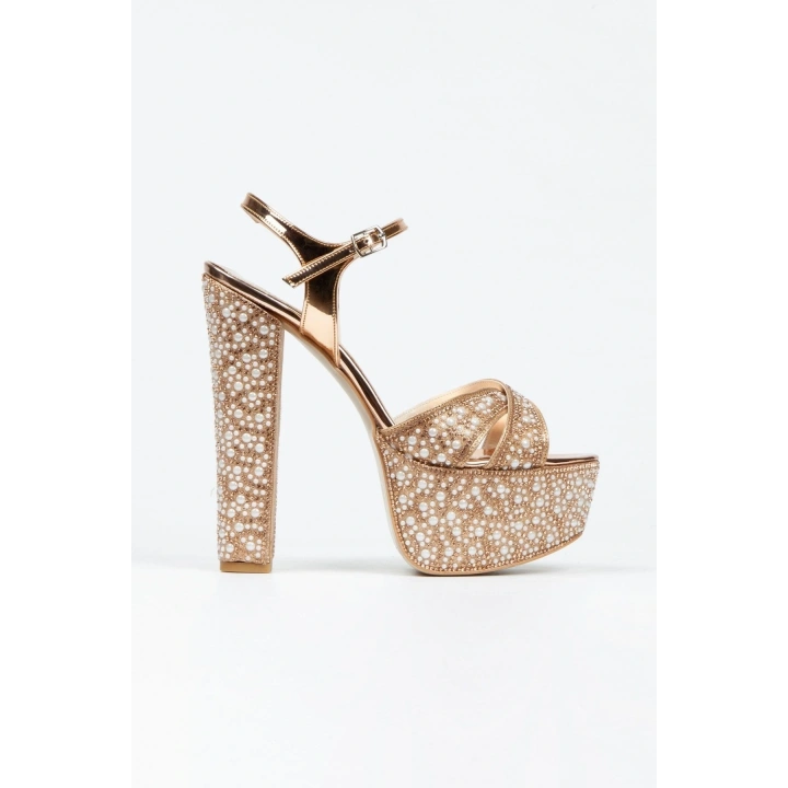 Kadın Rose İnci Taşlı Yüksek Platform Arkası Açık Kalın Topuklu Rahat ve Şık Abiye Ayakkabı