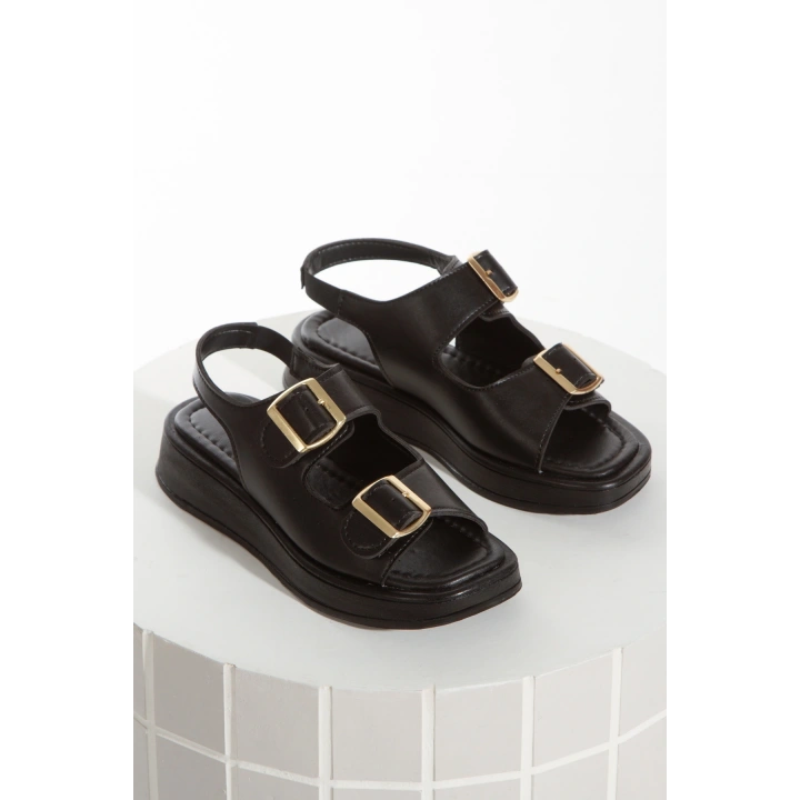 Kadın Siyah Yumuşak Tabanlı ve Çift Toka Detaylı  Kalın Rahat Tabanlı Yazlık Sandalet