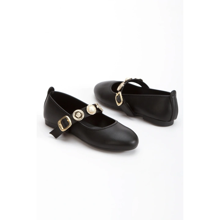 Kadın Siyah    Düz Topuklu Şık  Toka Detaylı  Rahat Babet Ayakkabı