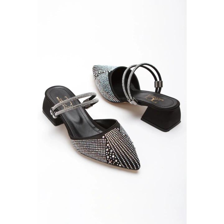 Kadın Siyah  Şık Damla Taşlarla Bezenmiş Arkası Ayarlanabilir Klipsli  Rahat  Abiye Stiletto