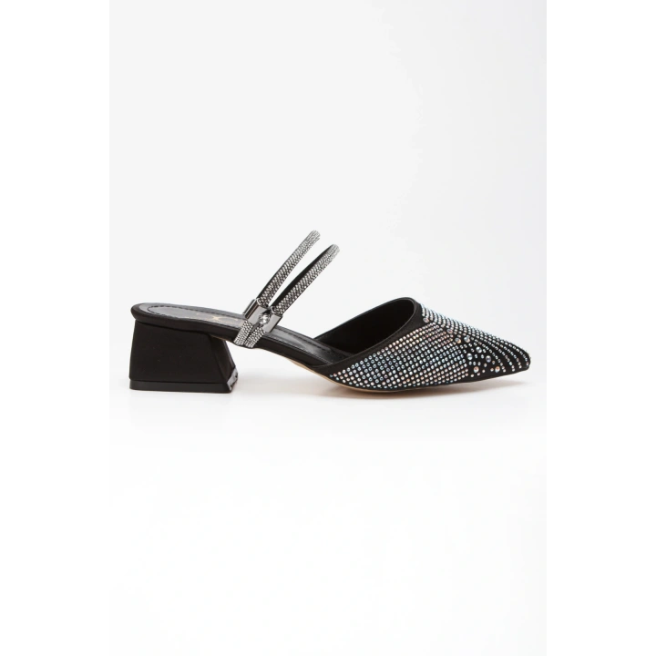 Kadın Siyah  Şık Damla Taşlarla Bezenmiş Arkası Ayarlanabilir Klipsli  Rahat  Abiye Stiletto