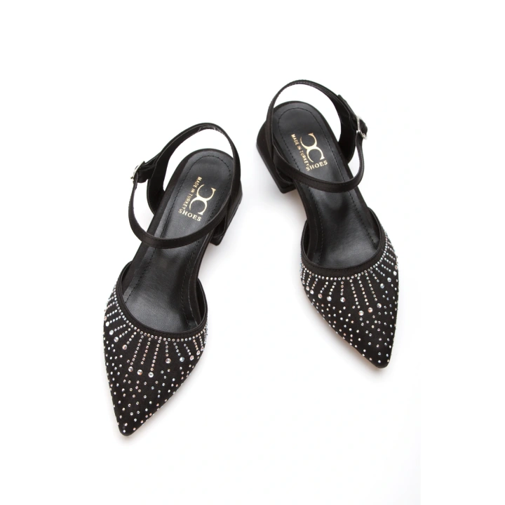 Kadın Siyah Süet  Şık Damla Taşlarla Bezenmiş Arkası Açık Rahat  Abiye Stiletto