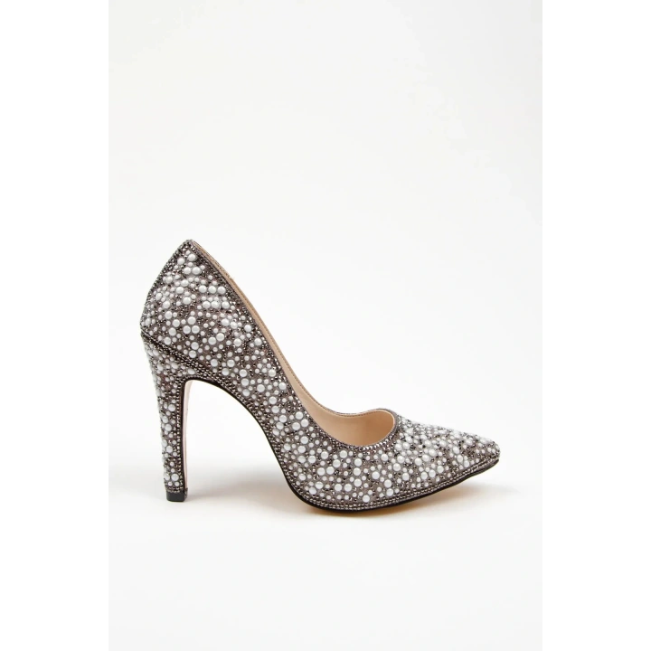 Kadın Platin  İnci Taşlarla Bezenmiş  İNCE Topuklu Sivri Burunlu Şık  Stiletto