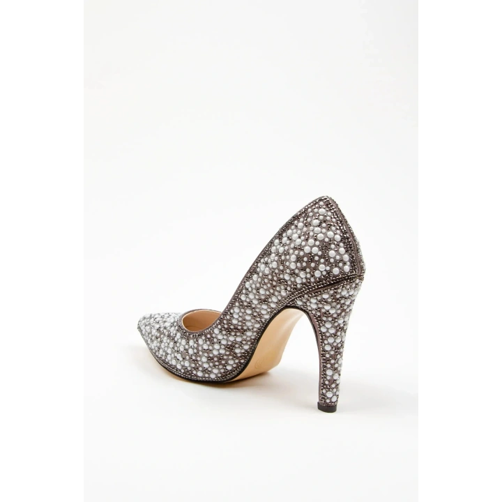 Kadın Platin  İnci Taşlarla Bezenmiş  İNCE Topuklu Sivri Burunlu Şık  Stiletto