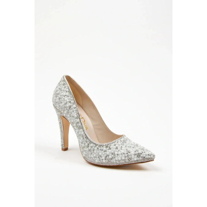 Kadın Gümüş  İnci Taşlarla Bezenmiş  İNCE Topuklu Sivri Burunlu Şık  Stiletto