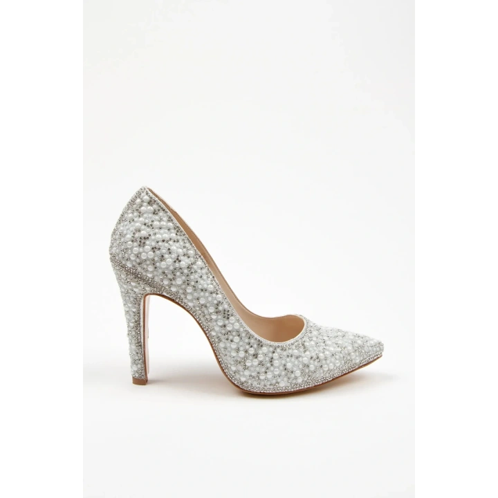 Kadın Gümüş  İnci Taşlarla Bezenmiş  İNCE Topuklu Sivri Burunlu Şık  Stiletto