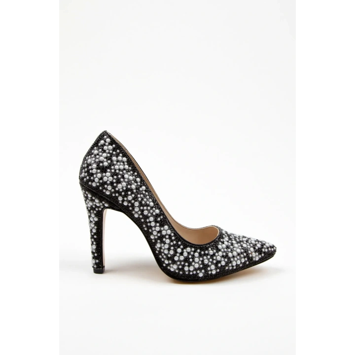 Kadın Siyah İnci Taşlarla Bezenmiş  İNCE Topuklu Sivri Burunlu Şık  Stiletto