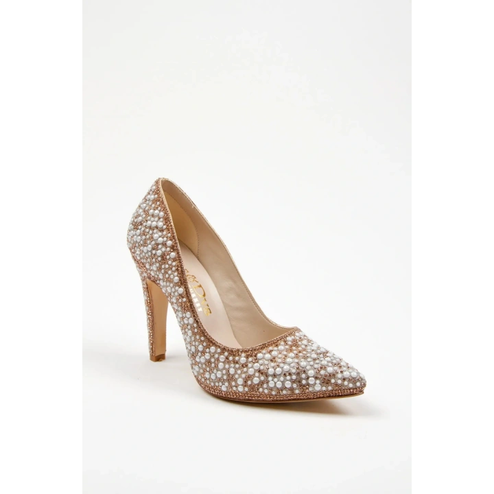 Kadın Altın  İnci Taşlarla Bezenmiş  İNCE Topuklu Sivri Burunlu Şık  Stiletto