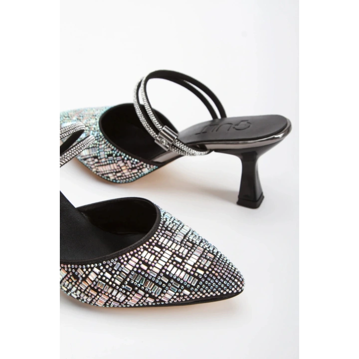 Kadın Siyah Şık Taşlarla Bezenmiş İNCE Topuklu Bilekten Ayarlamalı Sivri Burunlu Stiletto