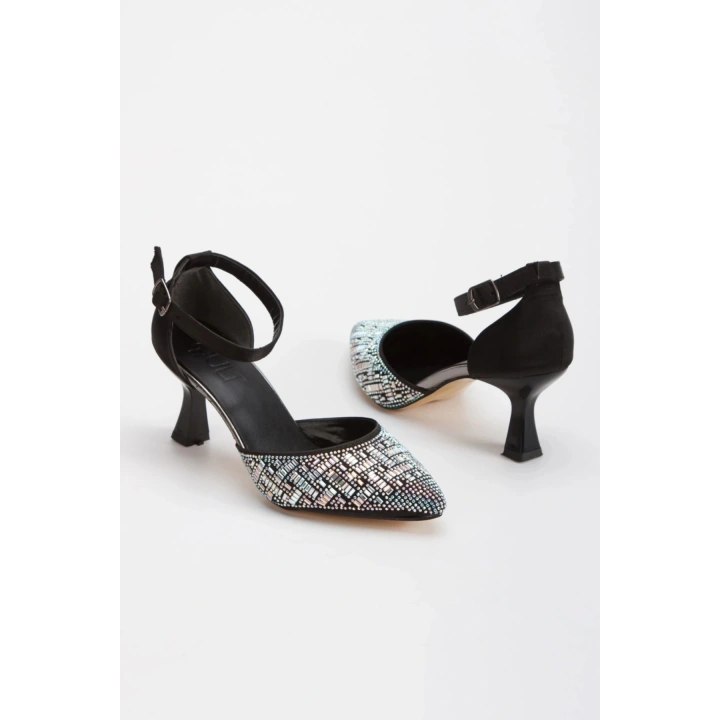 Kadın Siyah Saten Şık Taşlarla Bezenmiş İNCE Topuklu Arkası Kapalı Sivri Burunlu Stiletto