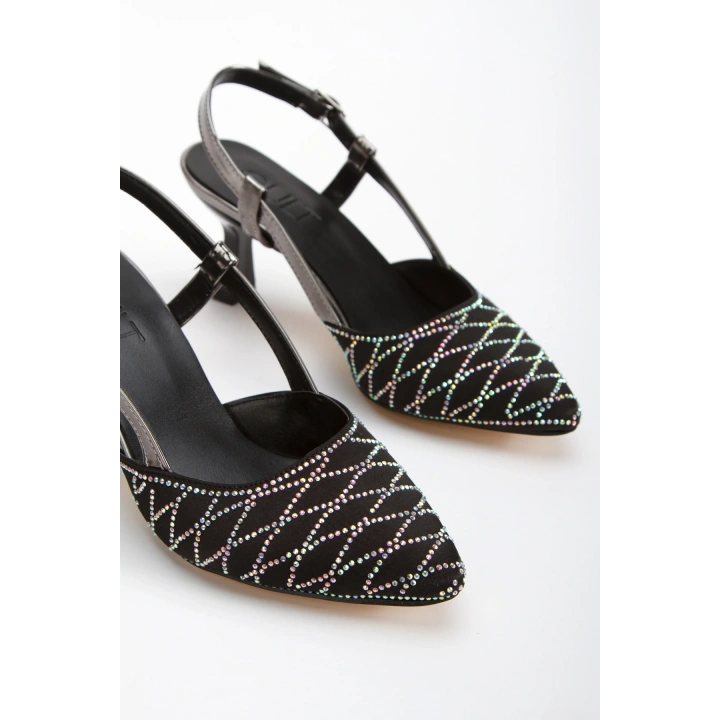 Kadın Siyah Saten İNCE Topuklu Sivri Burunlu Şık Stiletto