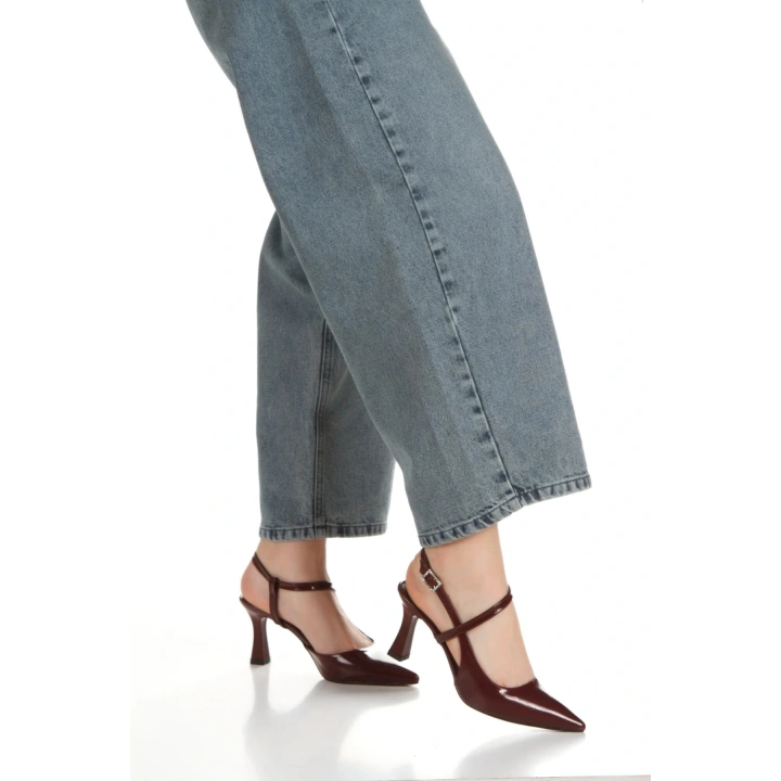 Kadın Bordo Rugan İnce Topuklu Sivri Burunlu Arkası Açık Şık Stiletto