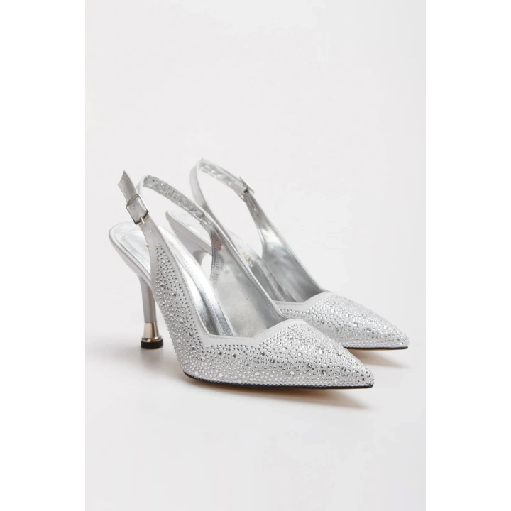 Kadın Gümüş Saten Damla Taşlarla Bezenmiş 8 cm İnce Galvaniz Topuklu Rahat Stiletto