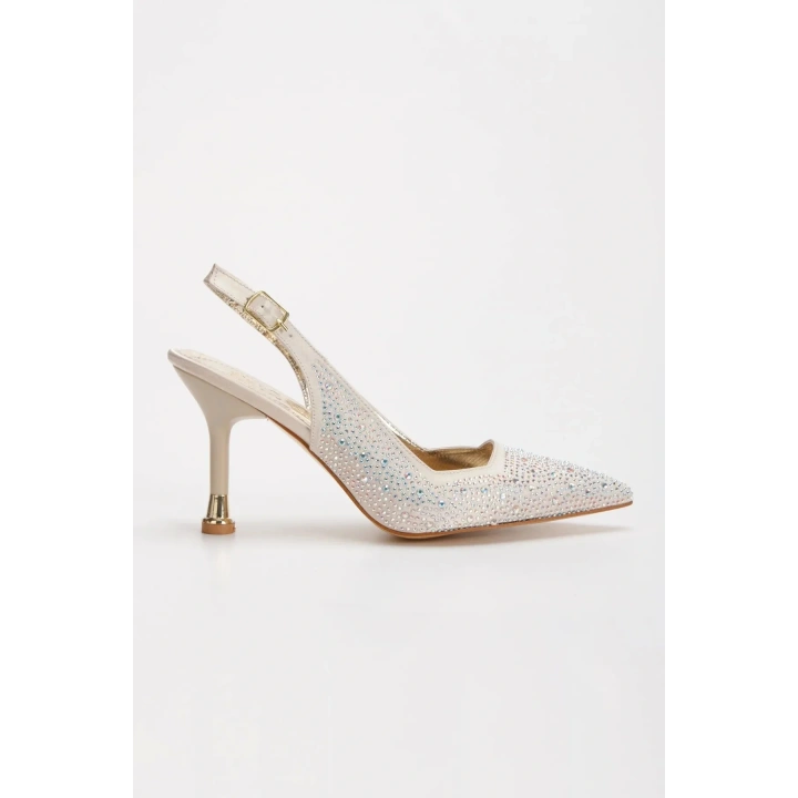 Kadın Altın Damla Taşlarla Bezenmiş 8 cm İnce Galvaniz Topuklu Rahat Stiletto ve Çanta Kombini