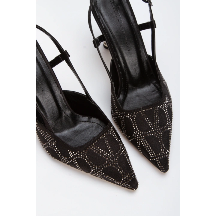 Kadın Siyah Saten Desenli Taşlarla Bezenmiş 8 cm İnce Galvaniz Topuklu Rahat Stiletto