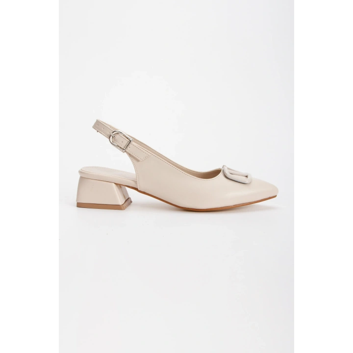 Kadın Bej Arkası Açık Kısa Kalın Topuklu Şık Toka Detaylı Rahat Stiletto ve Çanta Kombini