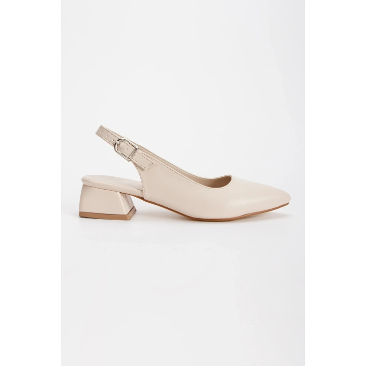 Kadın Bej Arkası Açık Kısa Kalın Topuklu ve Rahat Stiletto ve Çanta Kombini