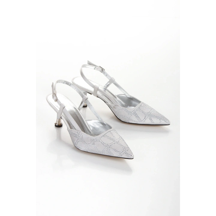 Kadın Gümüş Saten Desenli Taşlarla Bezenmiş 5 cm İnce Galvaniz Topuklu Rahat Stiletto