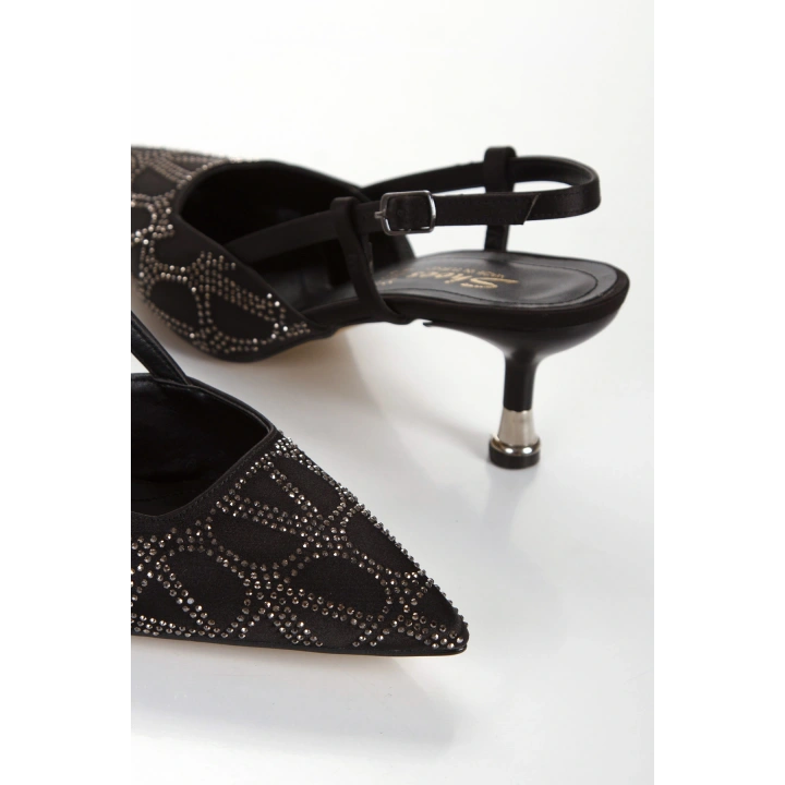 Kadın Siyah Saten Desenli Taşlarla Bezenmiş 5 cm İnce Galvaniz Topuklu Rahat Stiletto