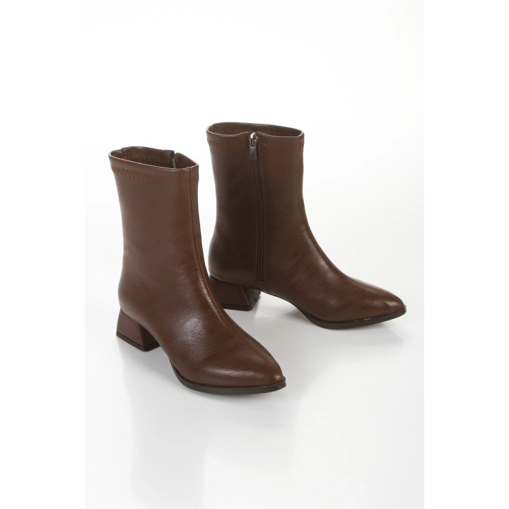 Kadın Kahve Suni Deri Cilt Sivri Burunlu Kalın Topuklu Rahat Kışlık Bot